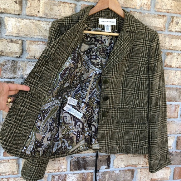 Jones New York 2PC Tan Green Tweed Plaid 3 Buttons Jacket Pleated Detail Skirt 6 - Picture 5 of 16